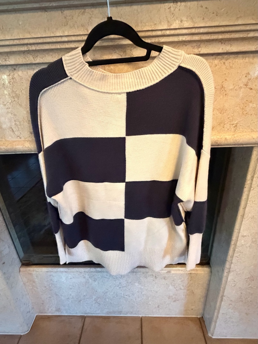 Miracle Navy and Cream Checkerboard Crewneck Sweater